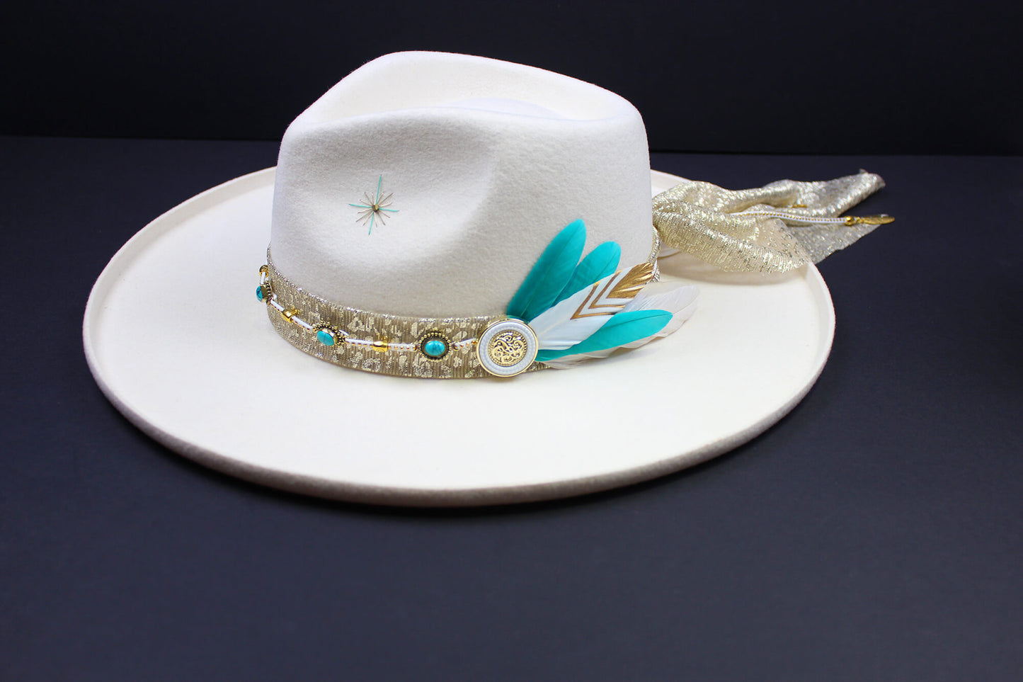 Fedora- White - Gold & Turquoise