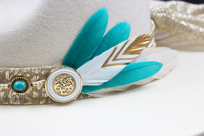 Fedora- White - Gold & Turquoise