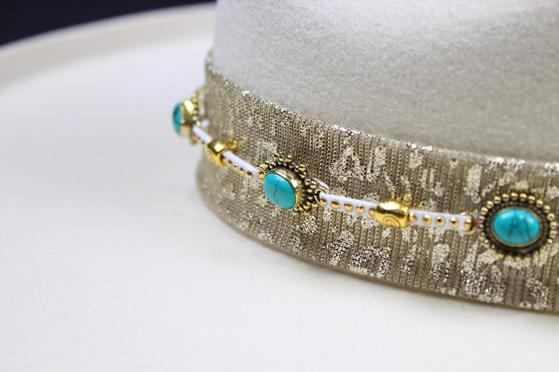 Fedora- White - Gold & Turquoise