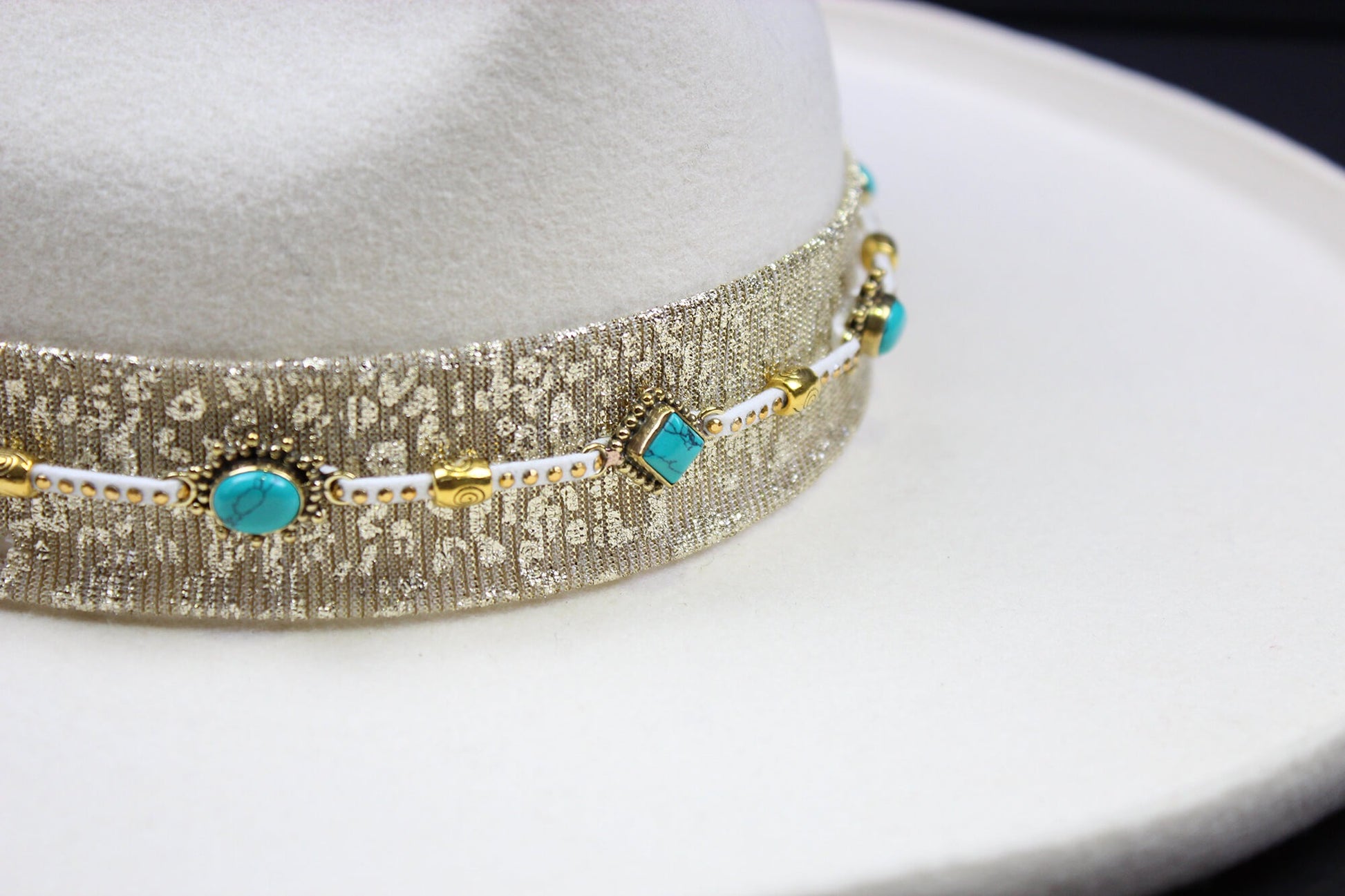 Fedora- White - Gold & Turquoise