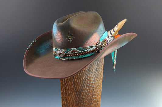 One Of A Kind Cowboy Hat Brown with Blue Distress Effect by Vera Black