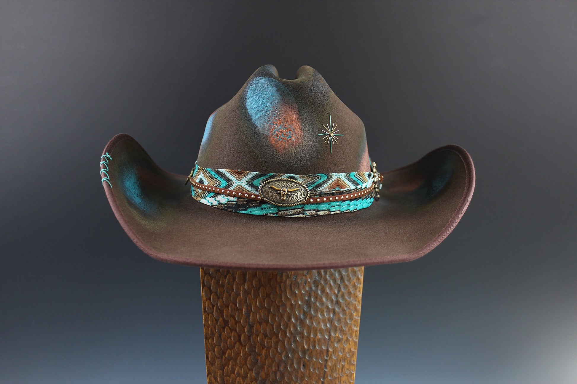 One Of A Kind Cowboy Hat Brown with Blue Distress Effect by Vera Black