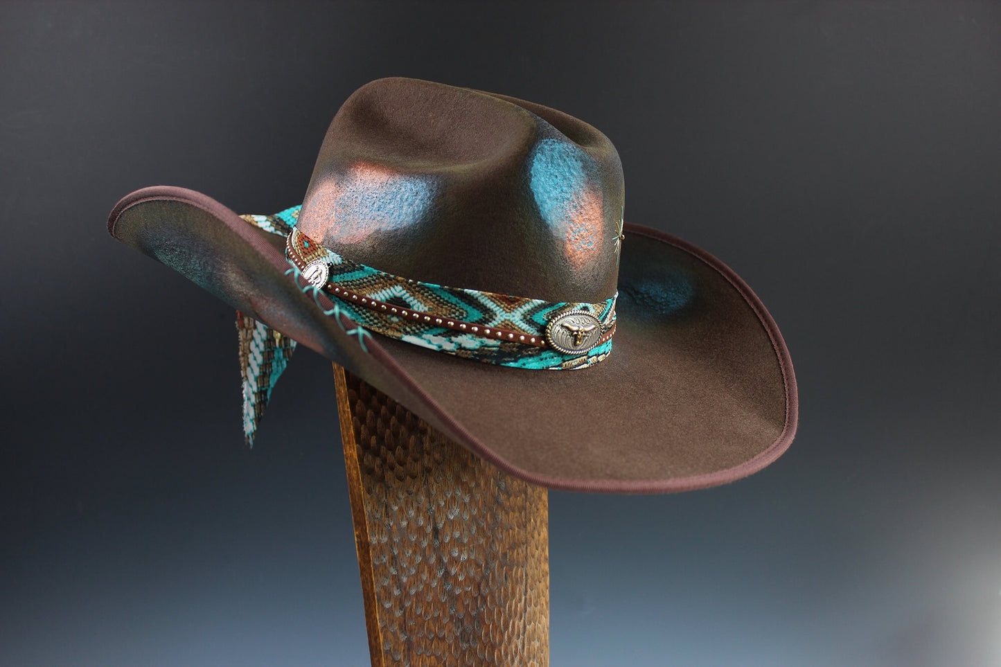 One Of A Kind Cowboy Hat Brown with Blue Distress Effect by Vera Black