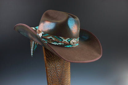 One Of A Kind Cowboy Hat Brown with Blue Distress Effect by Vera Black