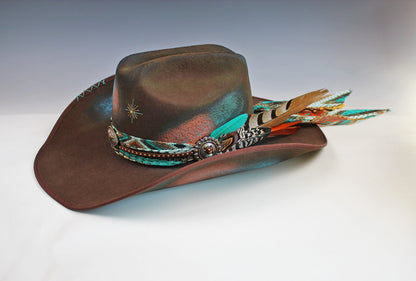 One Of A Kind Cowboy Hat Brown with Blue Distress Effect by Vera Black