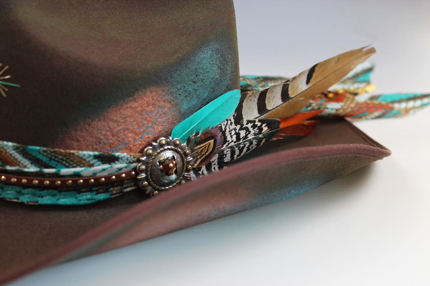 One Of A Kind Cowboy Hat Brown with Blue Distress Effect by Vera Black