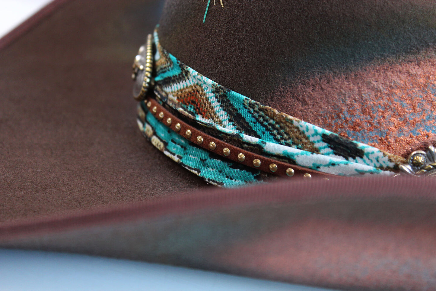 One Of A Kind Cowboy Hat Brown with Blue Distress Effect by Vera Black