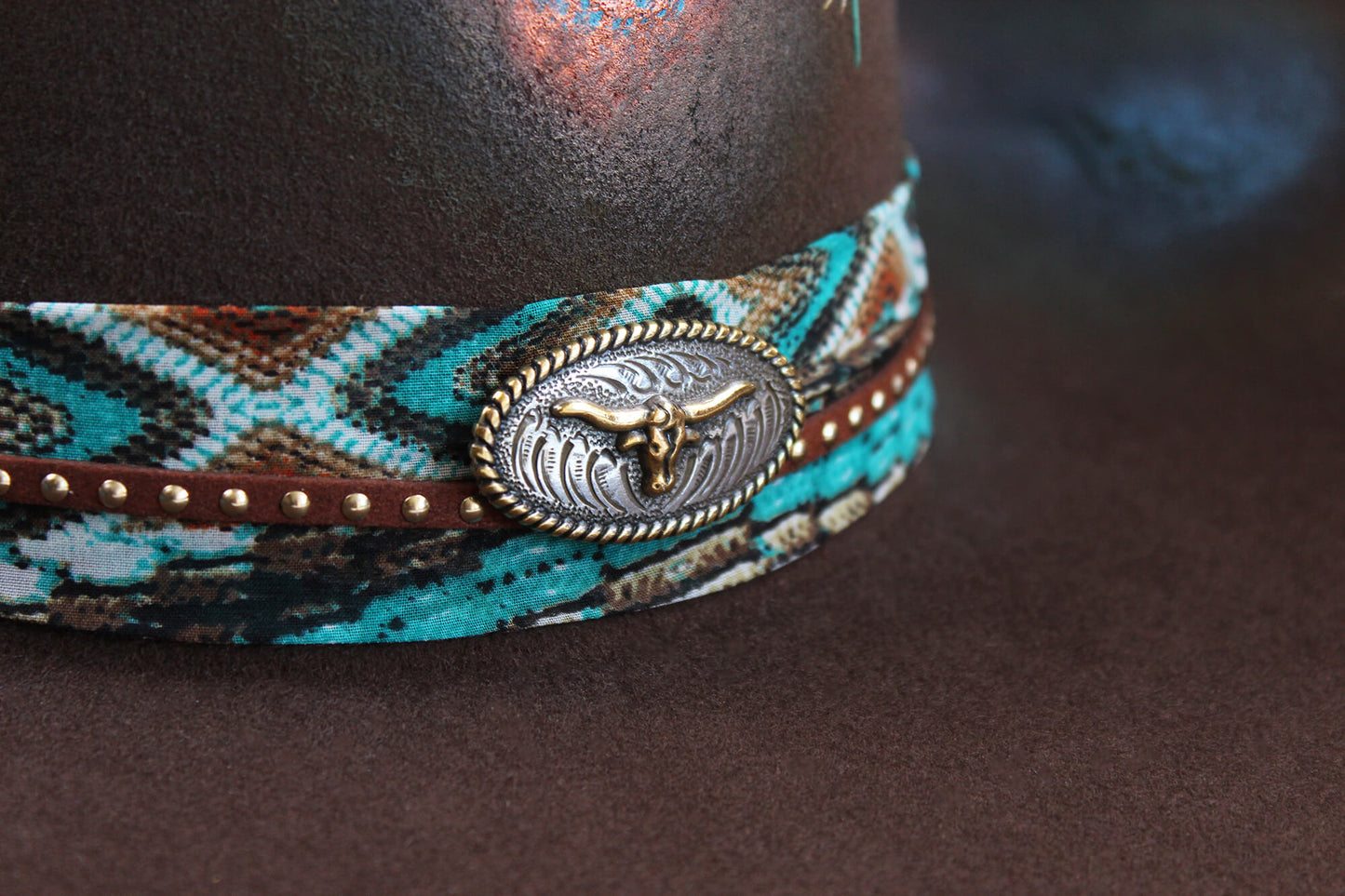 One Of A Kind Cowboy Hat Brown with Blue Distress Effect by Vera Black