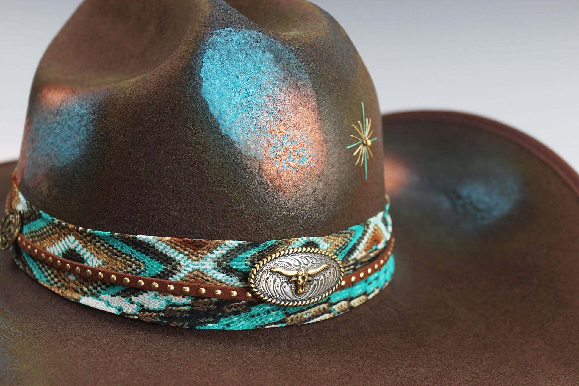 One Of A Kind Cowboy Hat Brown with Blue Distress Effect by Vera Black