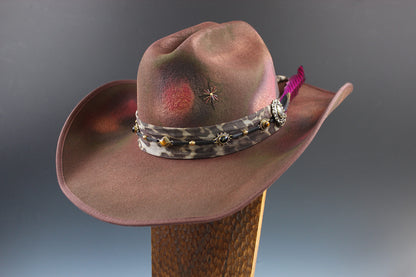 One Of A Kind Cowboy Hat - Brown with Pink Distress Effect - Size Medium by Vera Black