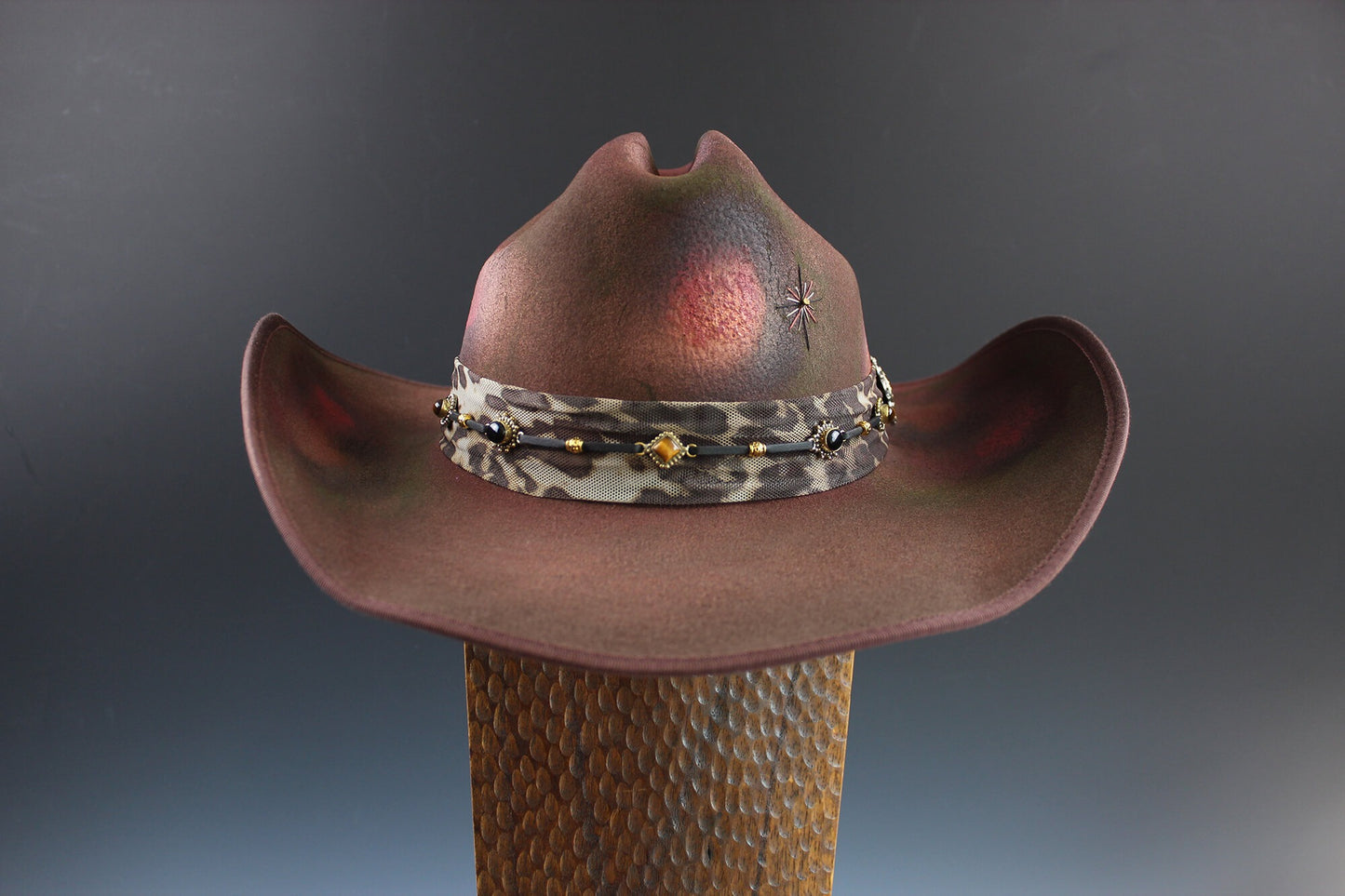 One Of A Kind Cowboy Hat - Brown with Pink Distress Effect - Size Medium by Vera Black