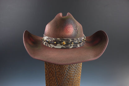 One Of A Kind Cowboy Hat - Brown with Pink Distress Effect - Size Medium by Vera Black