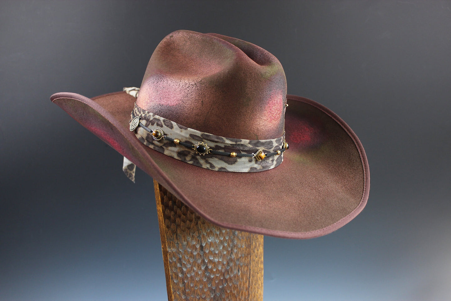 One Of A Kind Cowboy Hat - Brown with Pink Distress Effect - Size Medium by Vera Black