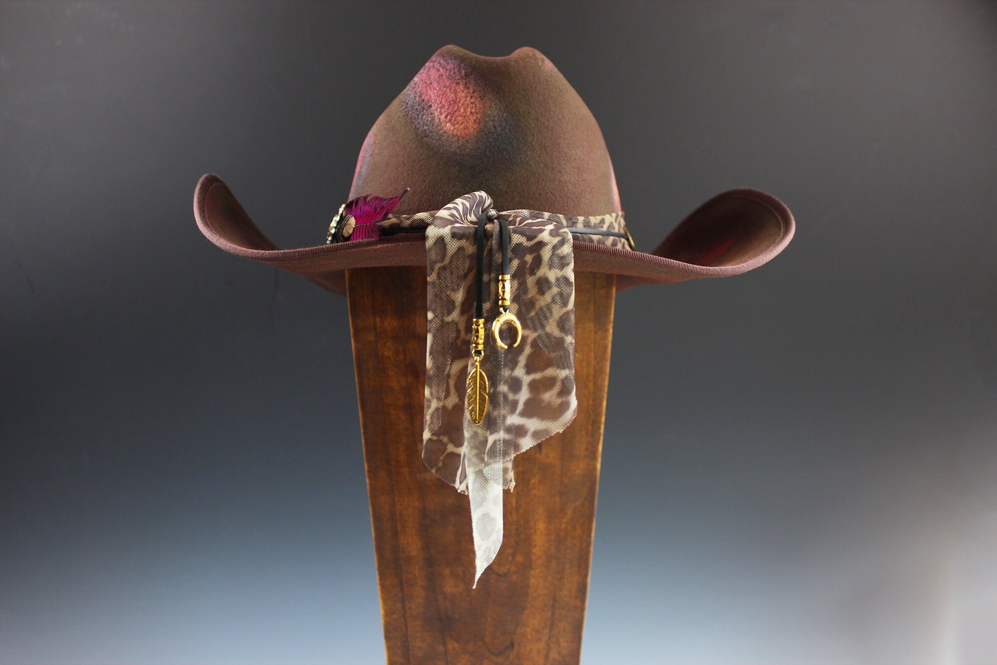 One Of A Kind Cowboy Hat - Brown with Pink Distress Effect - Size Medium by Vera Black