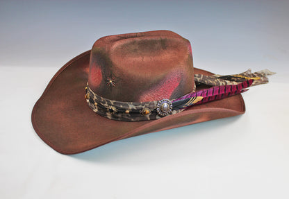 One Of A Kind Cowboy Hat - Brown with Pink Distress Effect - Size Medium by Vera Black