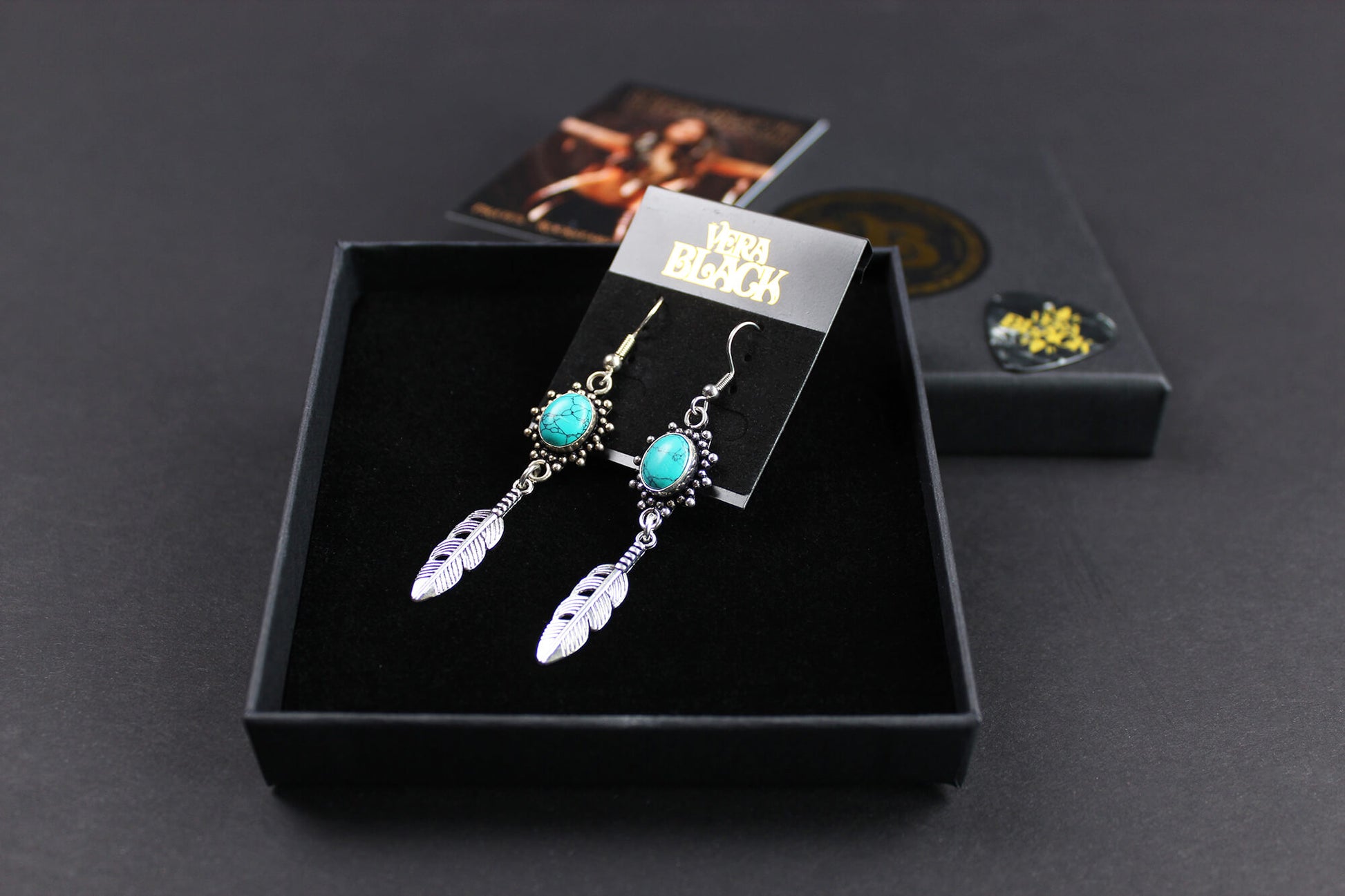 Turquoise Stone & Silver Earrings - Elegant Ornate Dangle Drop Earrings - Bohemian Tribal Rock n Roll Style Earrings with feather charms