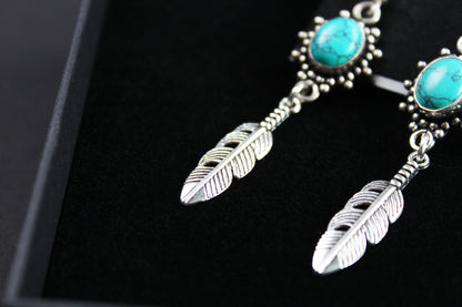 Turquoise Stone & Silver Earrings - Elegant Ornate Dangle Drop Earrings - Bohemian Tribal Rock n Roll Style Earrings with feather charms