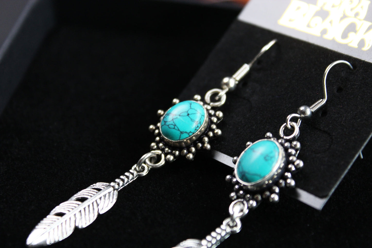 Turquoise Stone & Silver Earrings - Elegant Ornate Dangle Drop Earrings - Bohemian Tribal Rock n Roll Style Earrings with feather charms