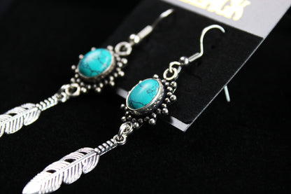 Turquoise Stone & Silver Earrings - Elegant Ornate Dangle Drop Earrings - Bohemian Tribal Rock n Roll Style Earrings with feather charms