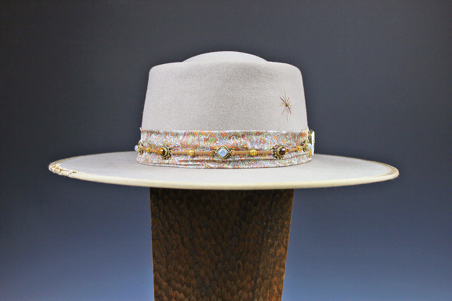 The Wyoming Fedora - Wide Brim Unisex Hat For Men And Women Country And Western Cowgirl Style Bohemian Festival Cowboy Hat Paisley Silk, large feather, gold detailing, tan colour