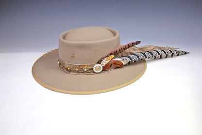 The Wyoming Fedora - Wide Brim Unisex Hat For Men And Women Country And Western Cowgirl Style Bohemian Festival Cowboy Hat Paisley Silk, large feather, gold detailing, tan colour