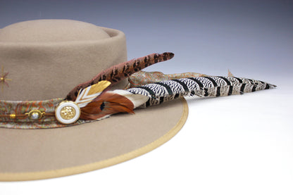 The Wyoming Fedora - Wide Brim Unisex Hat For Men And Women Country And Western Cowgirl Style Bohemian Festival Cowboy Hat Paisley Silk, large feather, gold detailing, tan colour