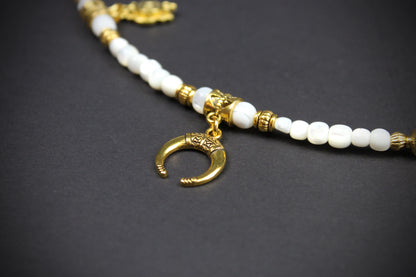White Troca Shell Beaded Glasses Chain: Bohemian Pirate Style With Gold Detailing