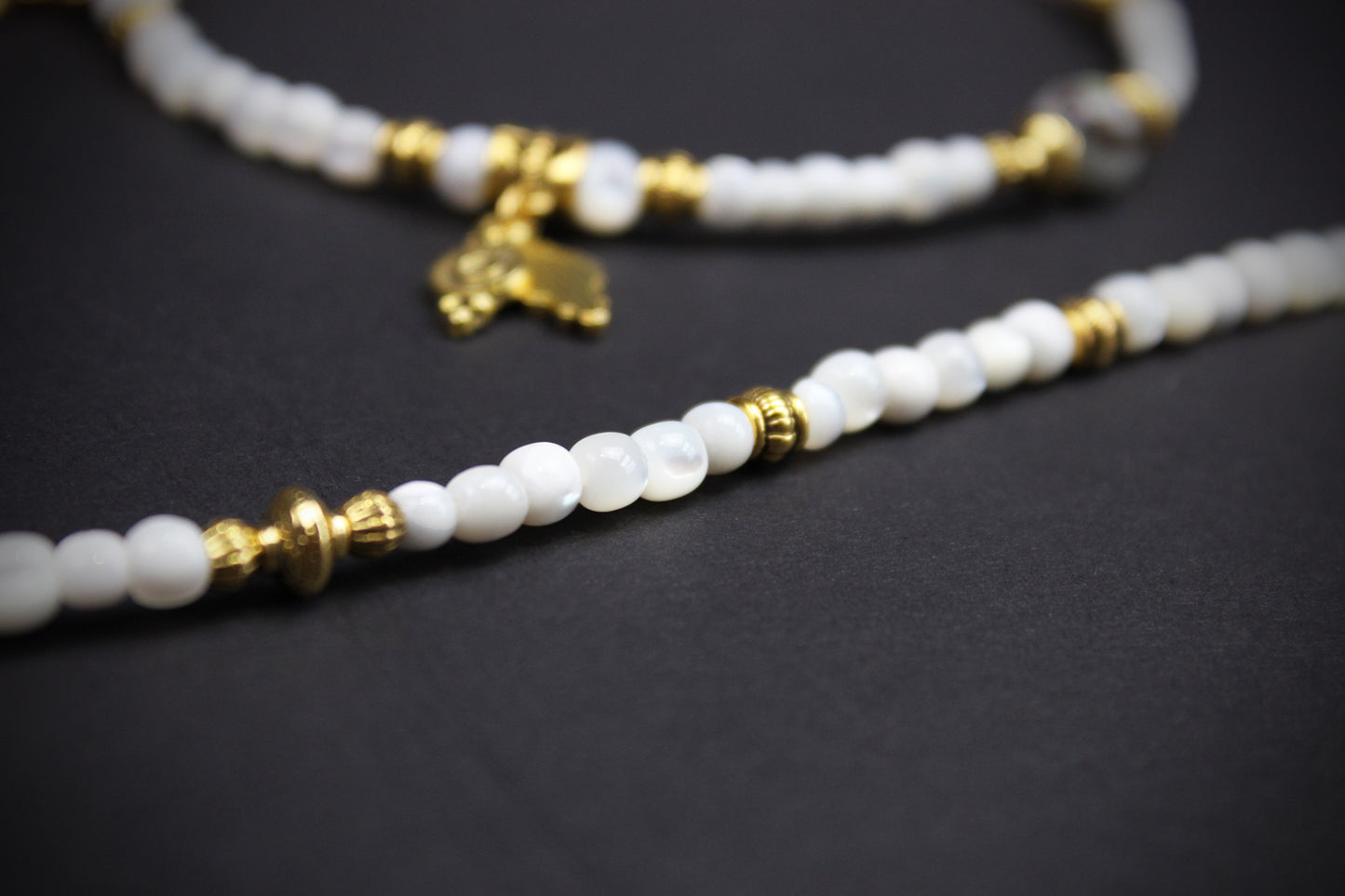 White Troca Shell Beaded Glasses Chain: Bohemian Pirate Style With Gold Detailing