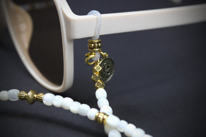 White Troca Shell Beaded Glasses Chain: Bohemian Pirate Style With Gold Detailing