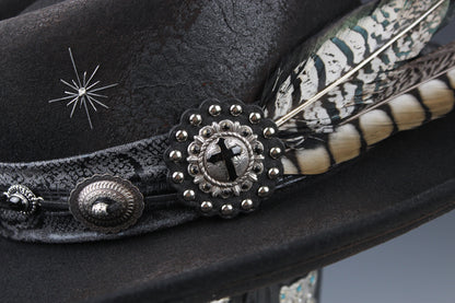 The Gothic Gambler -  Wool Felt Fedora Hat Black Handmade Country Western Style Goth Cowboy Hat Unisex For Men And Women