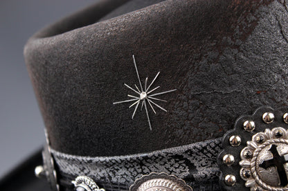 The Gothic Gambler -  Wool Felt Fedora Hat Black Handmade Country Western Style Goth Cowboy Hat Unisex For Men And Women
