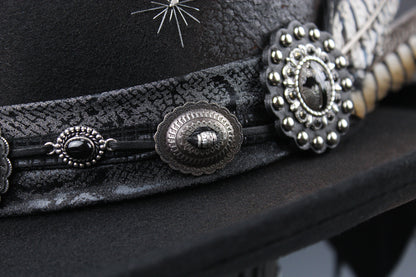 The Gothic Gambler -  Wool Felt Fedora Hat Black Handmade Country Western Style Goth Cowboy Hat Unisex For Men And Women