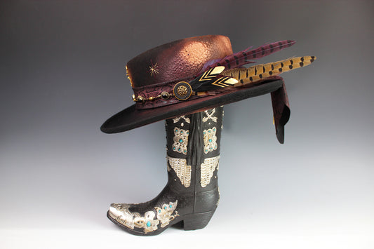 The Dark Clover Gambler - Wool Felt Fedora Hat Black Handmade Country Western Style Cowboy Hat Purple Detailing Jimi Hendrix Stevie Nicks