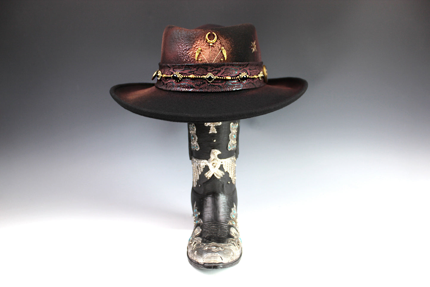 The Dark Clover Gambler - Wool Felt Fedora Hat Black Handmade Country Western Style Cowboy Hat Purple Detailing Jimi Hendrix Stevie Nicks