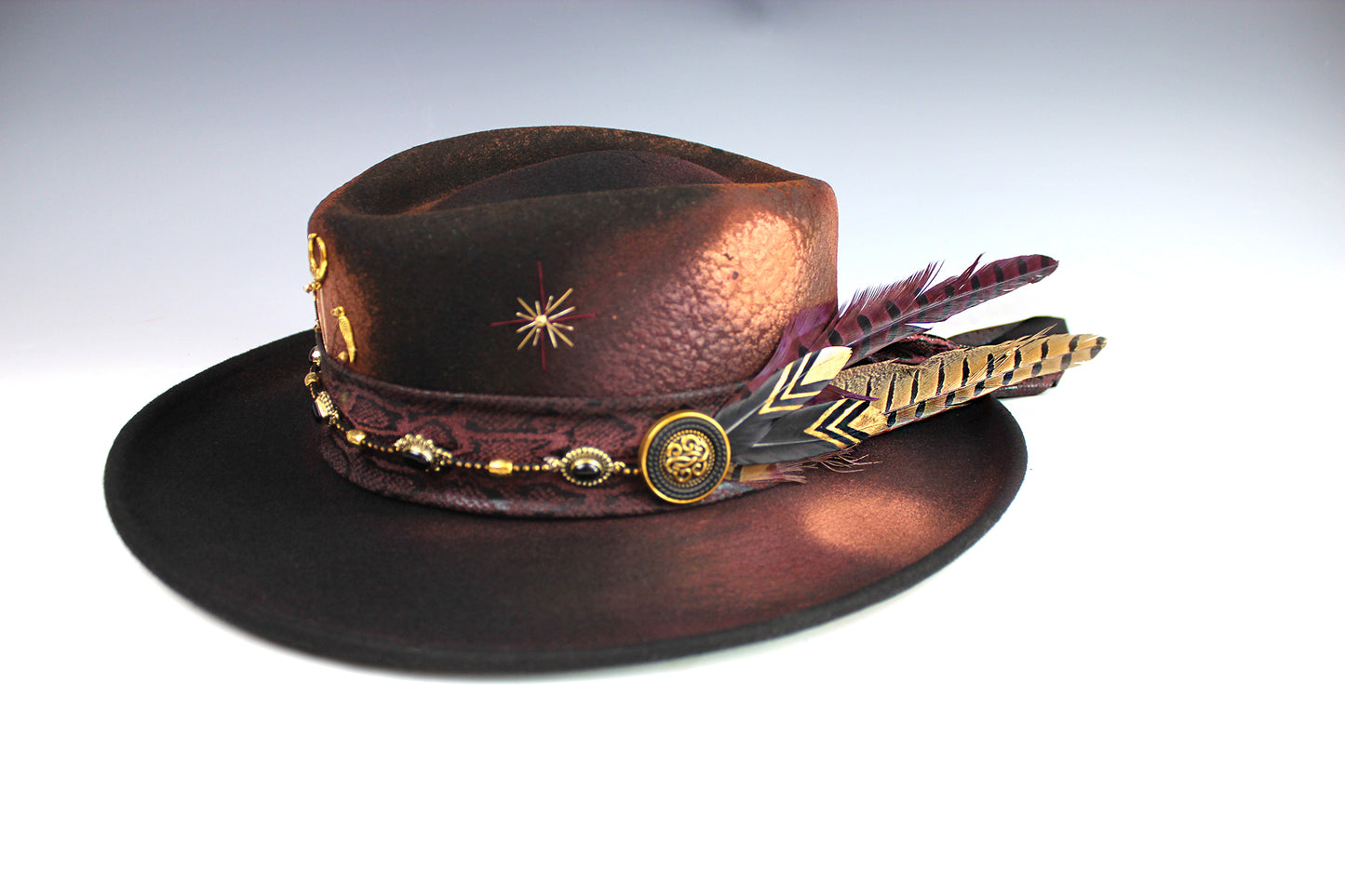 The Dark Clover Gambler - Wool Felt Fedora Hat Black Handmade Country Western Style Cowboy Hat Purple Detailing Jimi Hendrix Stevie Nicks