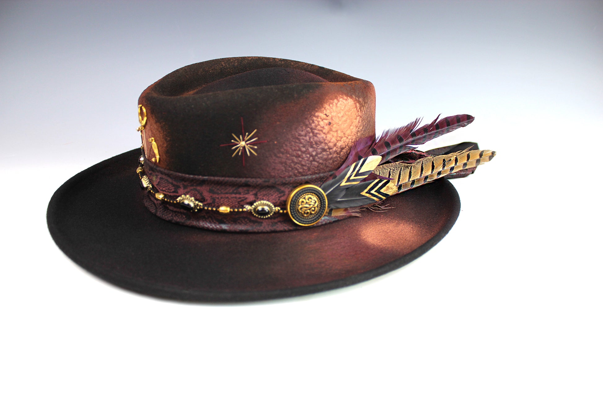 The Dark Clover Gambler - Wool Felt Fedora Hat Black Handmade Country Western Style Cowboy Hat Purple Detailing Jimi Hendrix Stevie Nicks