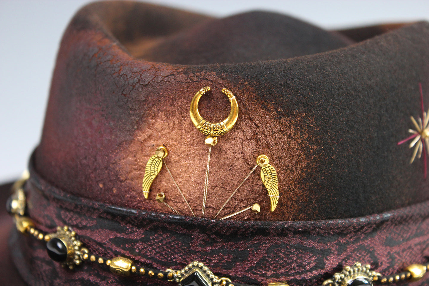 The Dark Clover Gambler - Wool Felt Fedora Hat Black Handmade Country Western Style Cowboy Hat Purple Detailing Jimi Hendrix Stevie Nicks