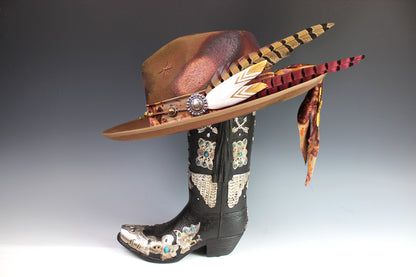The Wildflower Fedora - Wool Felt Country Western Style Hat Unisex For Men And Women Tan Cowboy Fedora Hat Distressed Effect Rock n Roll Hat
