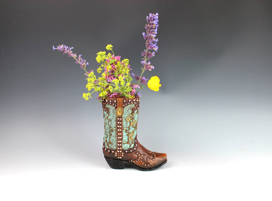 Small Cowboy Boot Vase - version 2 - brown cowboy boot vase with turquoise accents, western style flower vase, realistic boot vase