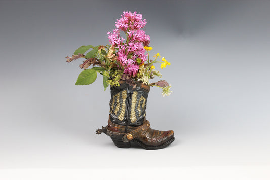 Small Cowboy Boot Vase - version 3 - brown cowboy boot vase with realistic accents, western style flower vase, realistic boot vase