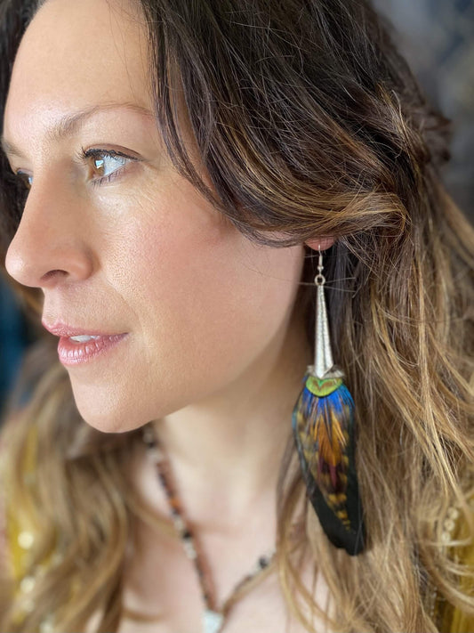 The Hendrix Feather Earring Set, dark feather earrings, yellow, red garnet stone, boho style earrings, elegant earrings hippe style earrings