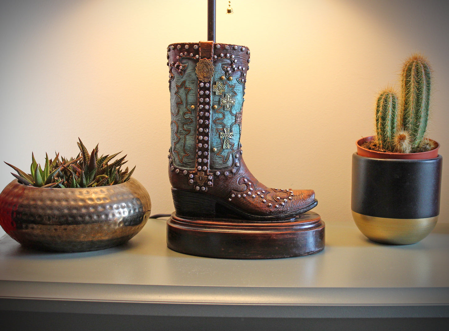 Cowboy Boot Lamp - western style boot lamp with turquoise and gold detailing, country & western style cowgirl boot table lamp