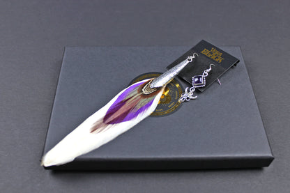 The Harlequin Earring Set - White and purple natural feather earrings with amethyst stone, asymmetrical pair of boho rock n roll earrings