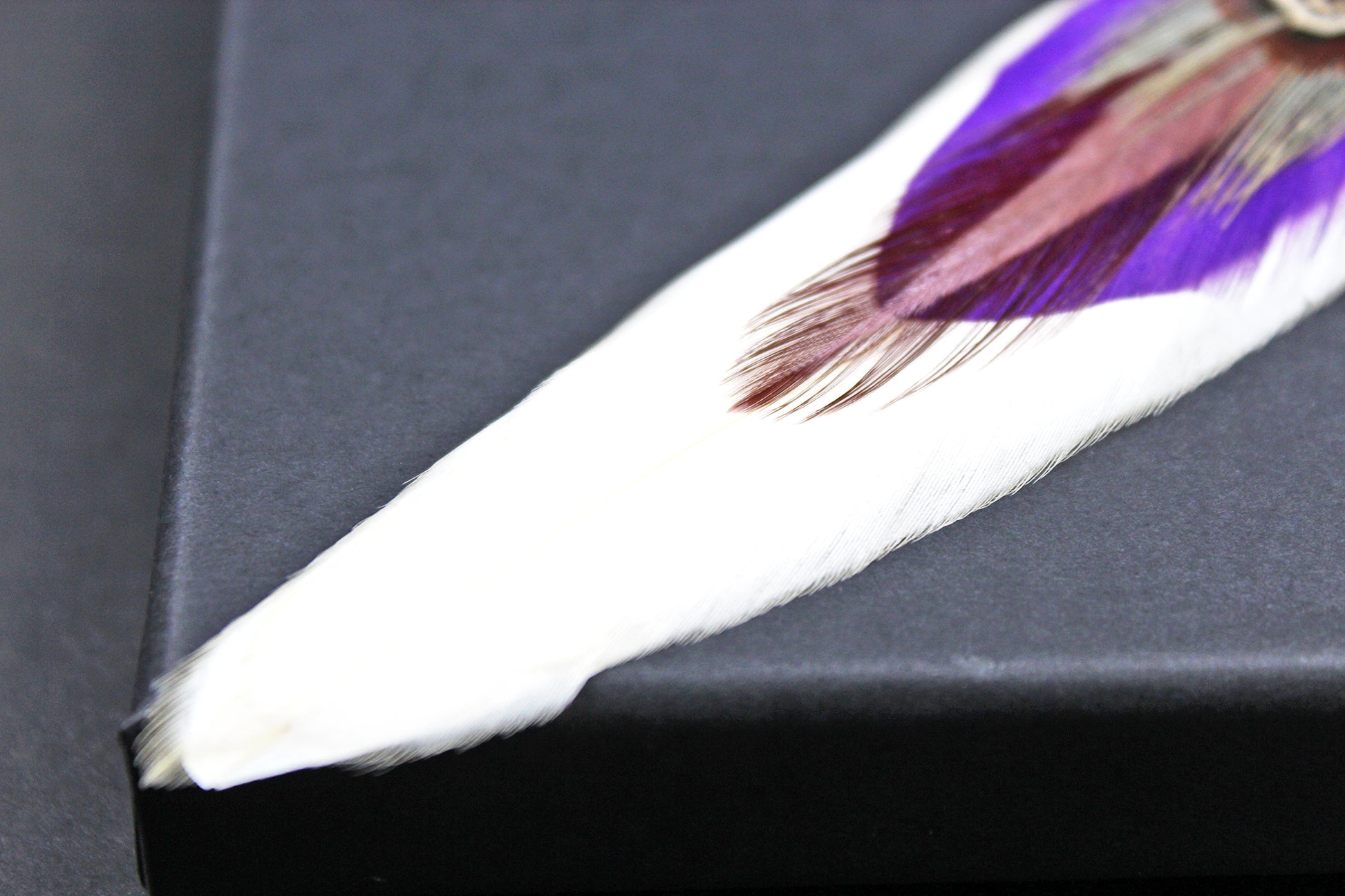 The Harlequin Earring Set - White and purple natural feather earrings with amethyst stone, asymmetrical pair of boho rock n roll earrings