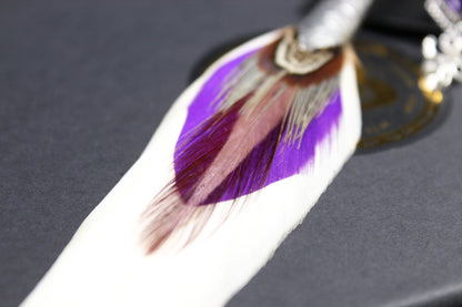 The Harlequin Earring Set - White and purple natural feather earrings with amethyst stone, asymmetrical pair of boho rock n roll earrings