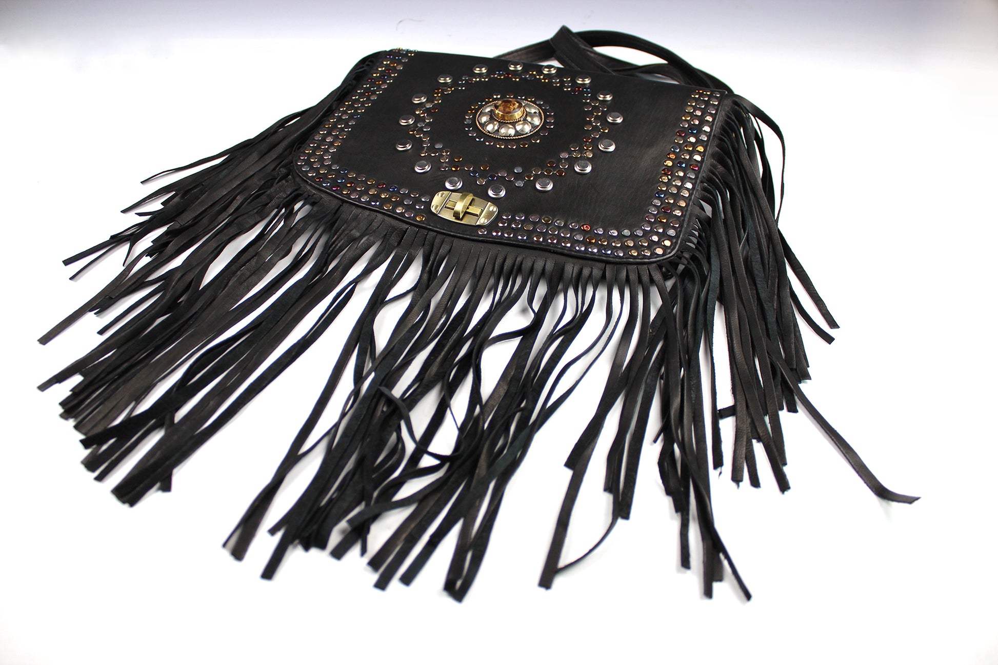 The Clover Bag - genuine real leather bag with intricate stud pattern work and flower in resin accent, boho country tassel shoulder bag