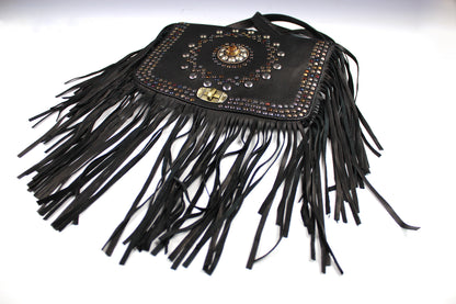 The Clover Bag - genuine real leather bag with intricate stud pattern work and flower in resin accent, boho country tassel shoulder bag