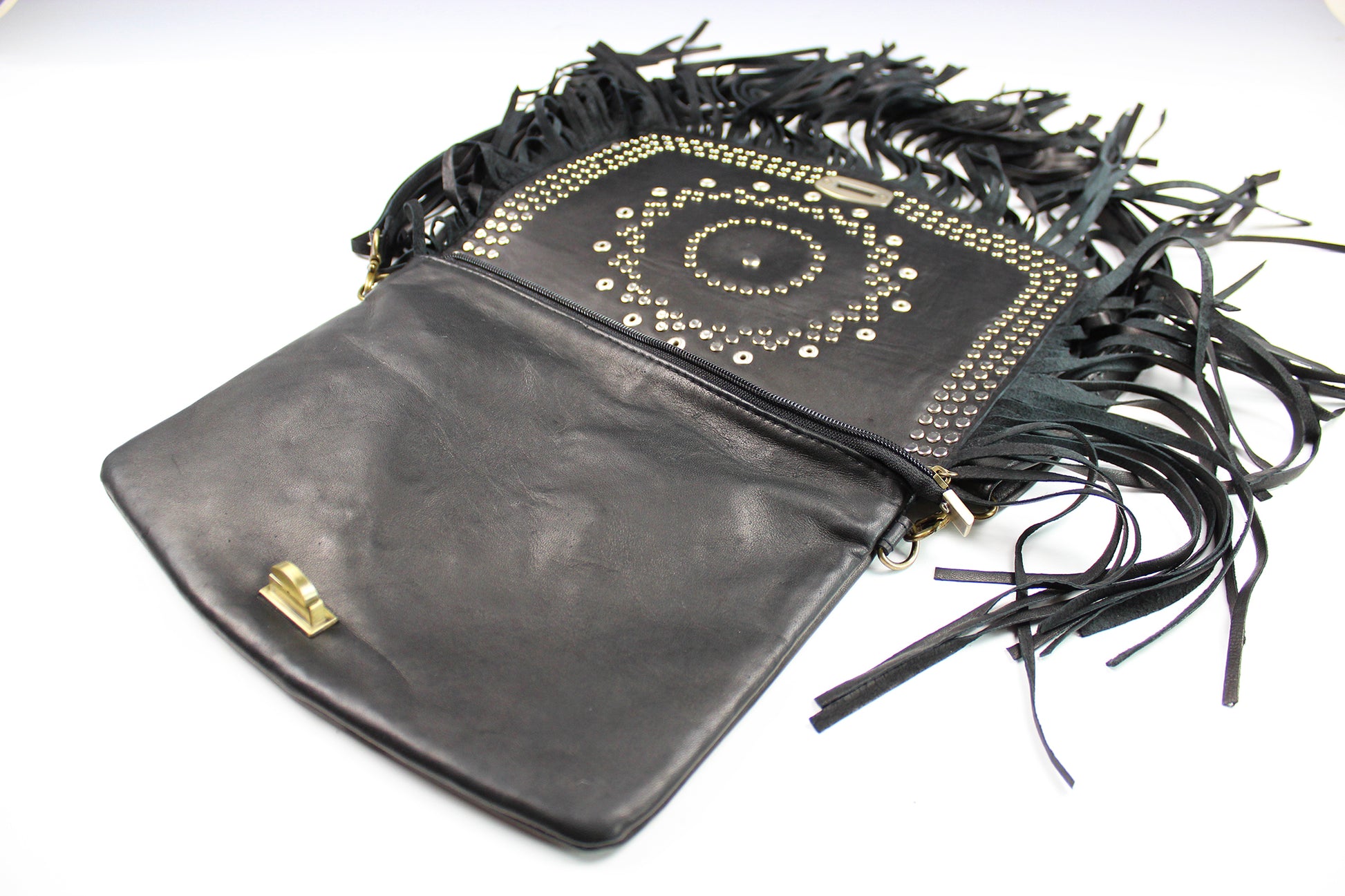 The Clover Bag - genuine real leather bag with intricate stud pattern work and flower in resin accent, boho country tassel shoulder bag
