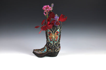 Medium Cowboy Boot Vase - black & turquoise cowboy boot vase with accents, western style flower arrangement vase, realistic boot vase
