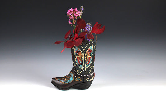Medium Cowboy Boot Vase - black & turquoise cowboy boot vase with accents, western style flower arrangement vase, realistic boot vase